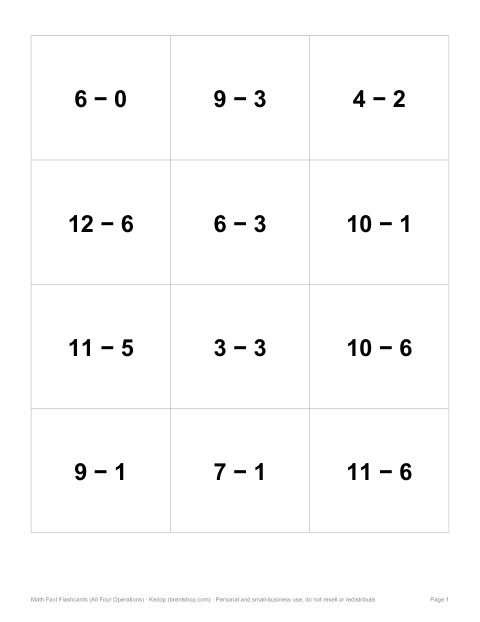 Preview of the first page of Subtraction flashcards