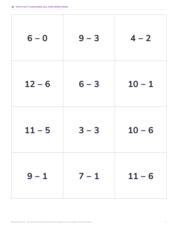 Preview of Printable Subtraction Flashcards